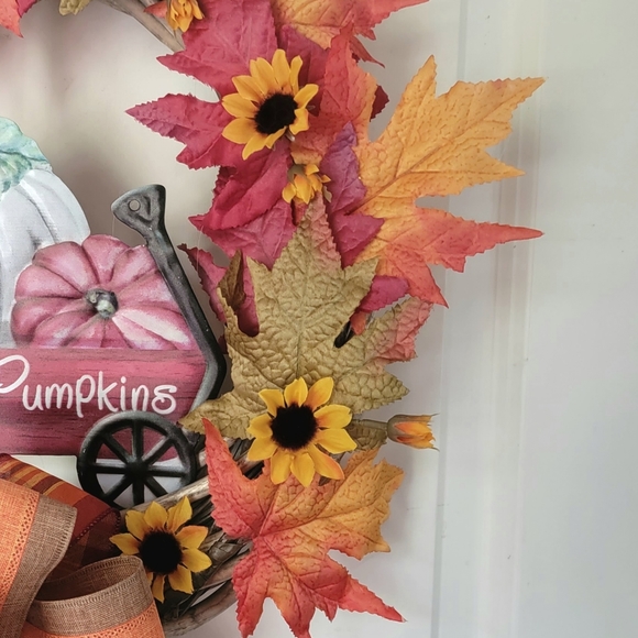 Host Pick Fall Harvest Wreath Bows Pumpkins Sunflowers Oak Leaves - Picture 6 of 8
